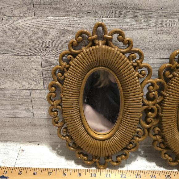 Vintage 1978 Homco Boho 9-5/8" Oval Mirror Faux Rattan Resin Wicker Set of 2 - Picture 2 of 8
